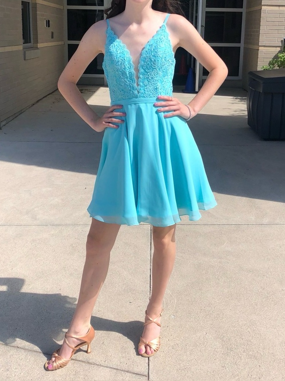 Aqua Lace V-Neck Grad Dress